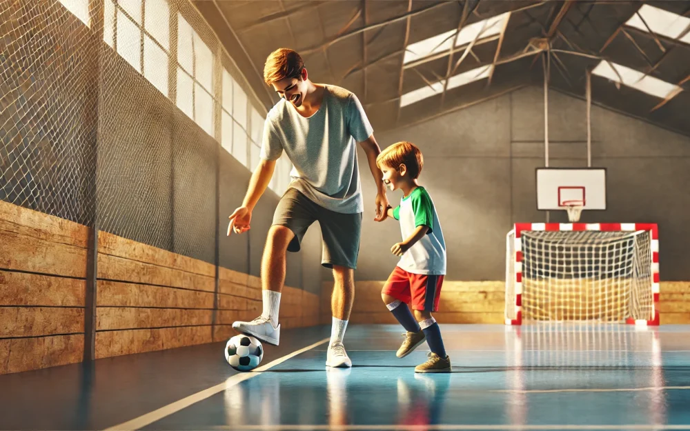 DALL·E 2024-07-30 12.33.41 - A parent and child playing futsal indoors. The scene shows a small futsal court with a wooden floor and walls. The parent, dressed in casual sportswea